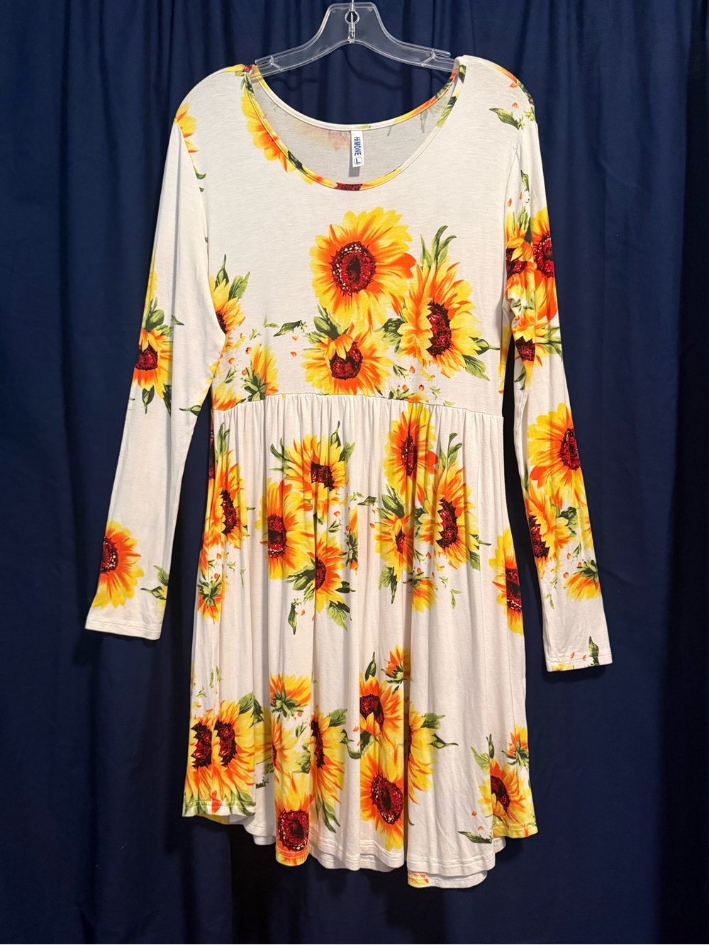 HiMONE Rayon Spandex Sunflower print Dress pockets Long Sleeves Size Large